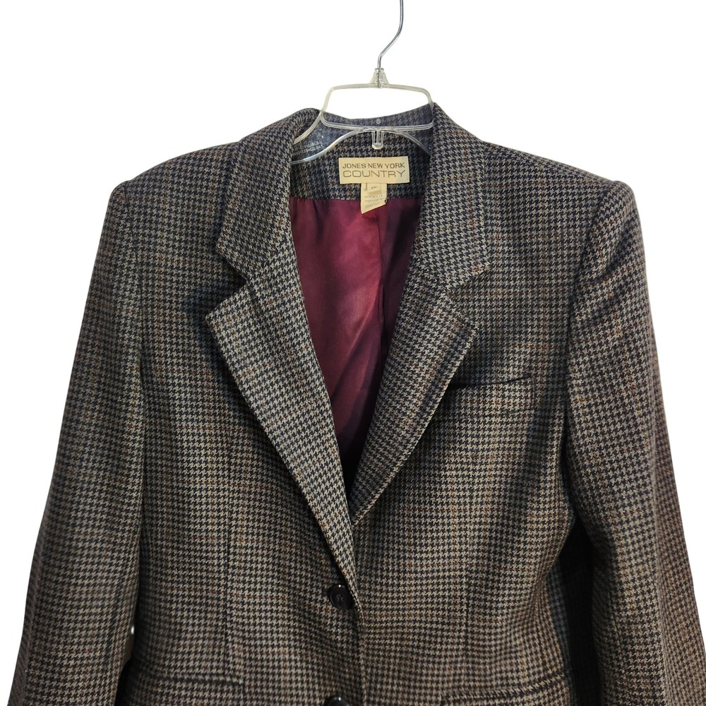 Jones New York Country Wool Houndstooth Blazer Jacket Blue Brown 12 USA Vintage